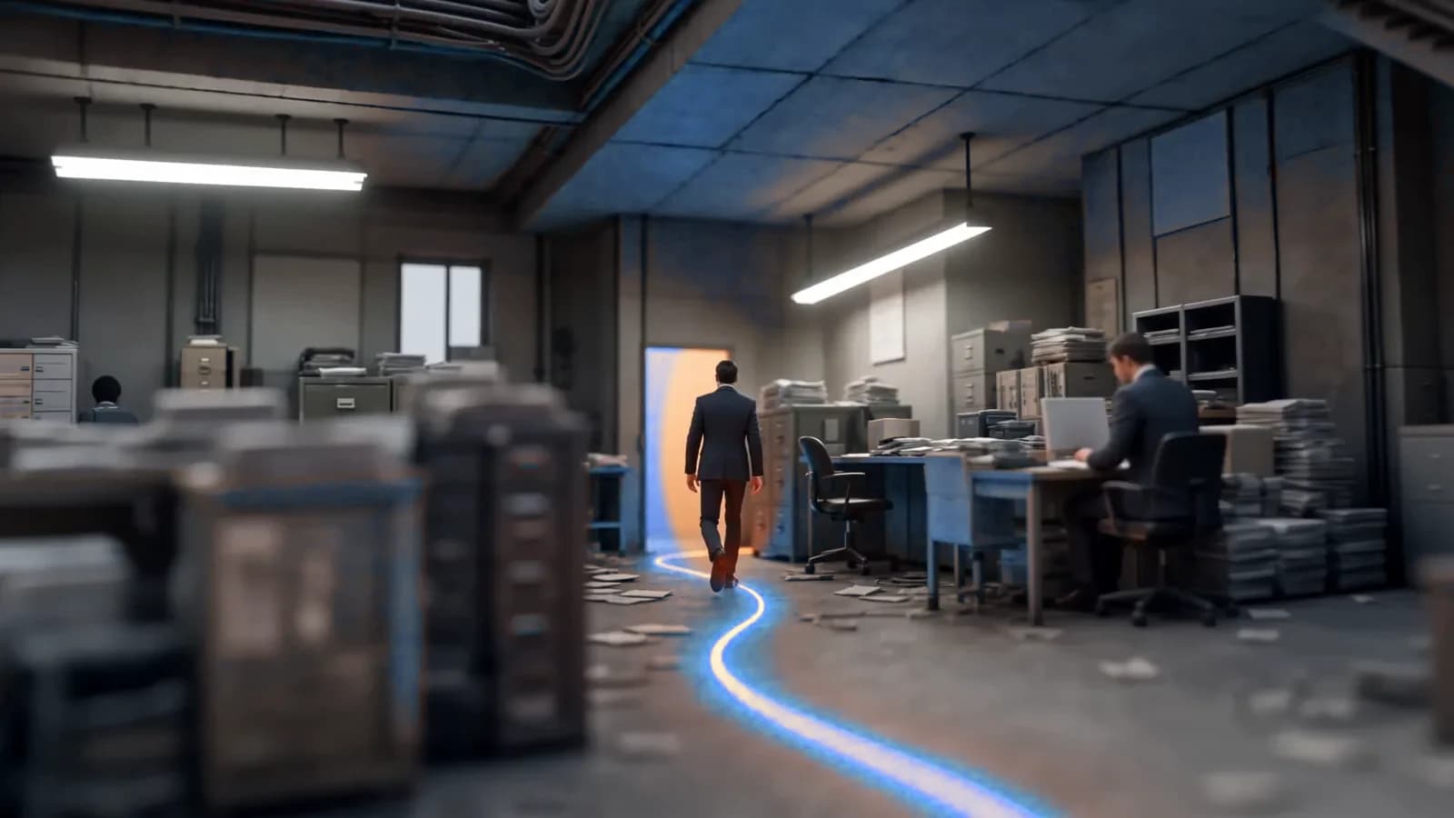 An operator walking the glowing blue line through the doorway — from the FridayOS world